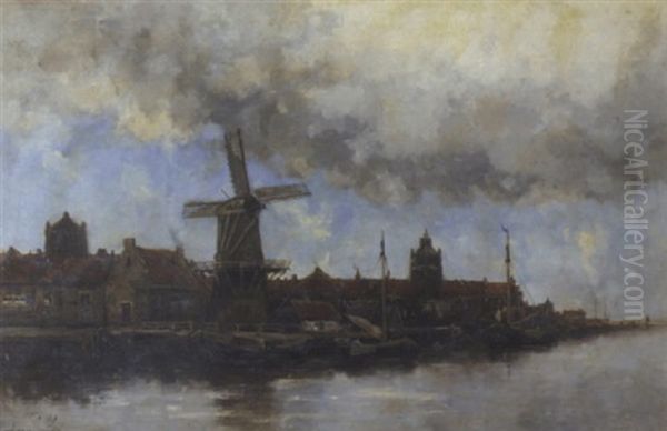 A View Of A Dutch Town Along A River Oil Painting by Hermanus Koekkoek the Younger