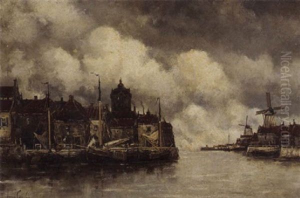 Moored Vessels Along A Quay In A Dutch Town Oil Painting by Hermanus Koekkoek the Younger