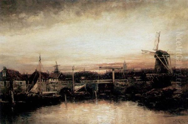 A Dutch Harbor At Dusk Oil Painting by Hermanus Koekkoek the Younger