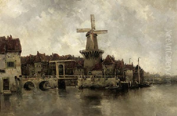 A Windmill By A Drawbridge In A Town Oil Painting by Hermanus Koekkoek the Younger