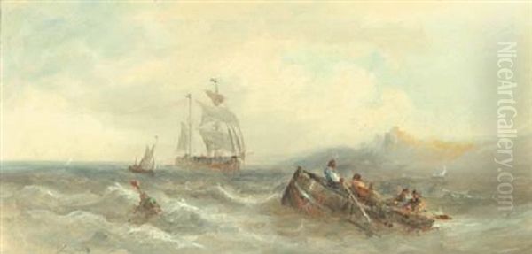 Sailors In A Rowing Boat On A Choppy Sea Oil Painting by Hermanus Koekkoek the Younger