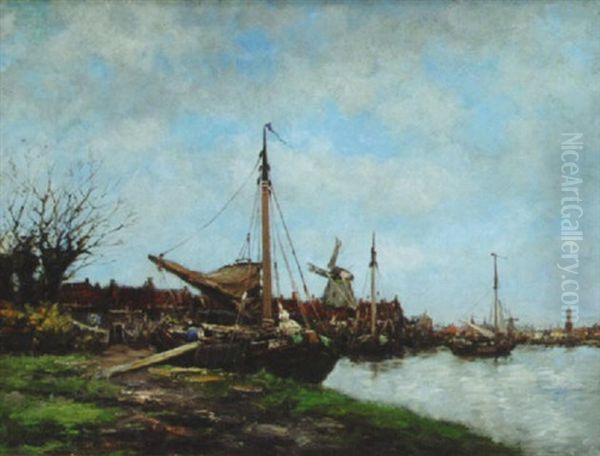 Merchant Ships On Dutch Canal Oil Painting by Hermanus Koekkoek the Younger