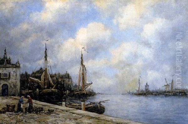 A Dutch Harbor And Wharf Oil Painting by Hermanus Koekkoek the Younger