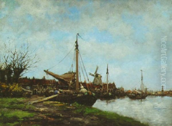 Merchant Ships On Dutch Canal Oil Painting by Hermanus Koekkoek the Younger