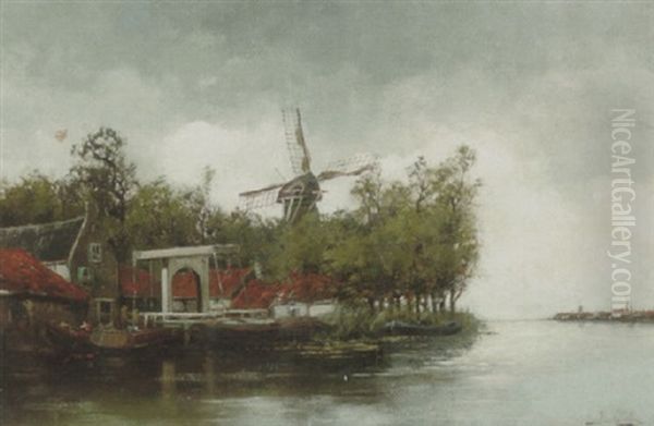 Hollandsk Kanalparti Oil Painting by Hermanus Koekkoek the Younger