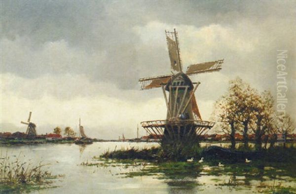 View Of A Windmill In A Polder Oil Painting by Hermanus Koekkoek the Younger