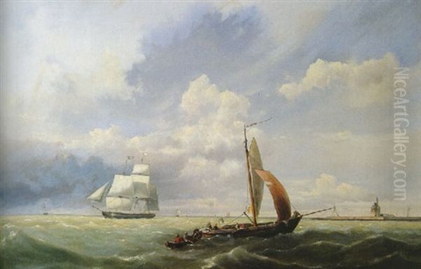 Shipping Off The Coast, With The Hoofdtoren, Hoorn Beyond Oil Painting by Hermanus Koekkoek the Younger