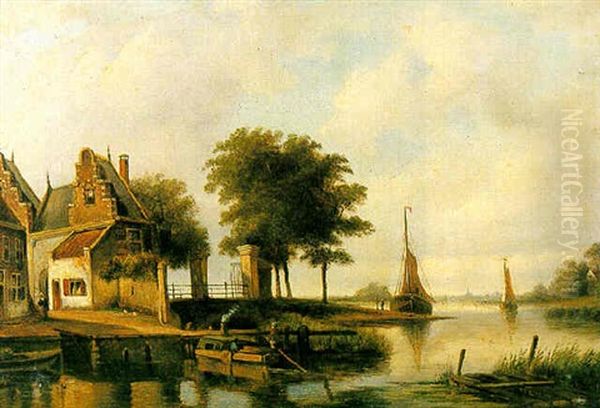 Barges Before A Town On A River Oil Painting by Hermanus Koekkoek the Younger