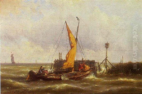 A Moored Sailing-vessel In An Estuary Oil Painting by Hermanus Koekkoek the Younger