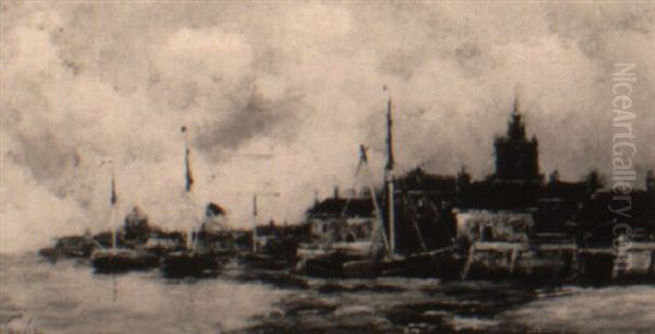 Sailing Vessels In A Harbor Near A Town Oil Painting by Hermanus Koekkoek the Younger