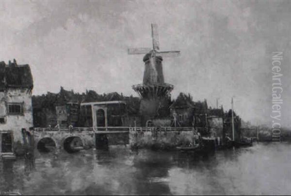 Dutch Harbour Scene With Windmill Oil Painting by Hermanus Koekkoek the Younger