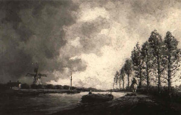 Dutch Canal With Windmill Oil Painting by Hermanus Koekkoek the Younger