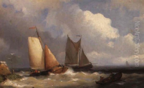 Seascapes With Sailing Vessels In A Rough Oil Painting by Hermanus Koekkoek the Younger