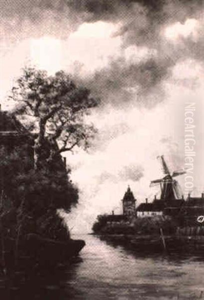 Dutch Windmill And Country Houses On Canal Oil Painting by Hermanus Koekkoek the Younger