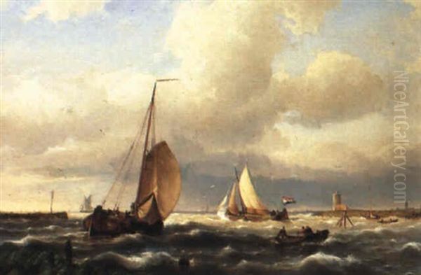 Sailing Vessels On A River Oil Painting by Hermanus Koekkoek the Younger