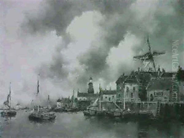 A Dutch Harbour Scene Oil Painting by Hermanus Koekkoek the Younger