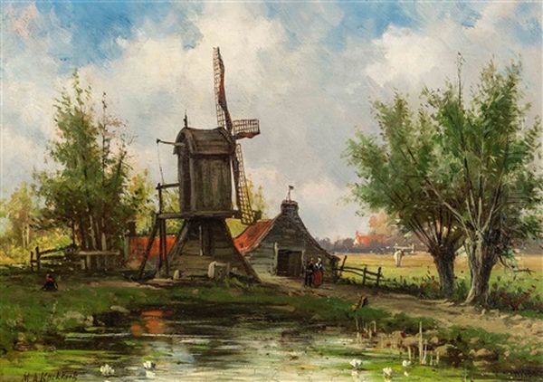 Figures Near A Mill Oil Painting by Marinus Adrianus Koekkoek the Younger