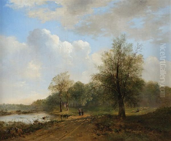 Landschaft Mit Weiher, Hirten Und Unter Anderem Personen Oil Painting by Marinus Adrianus Koekkoek the Younger