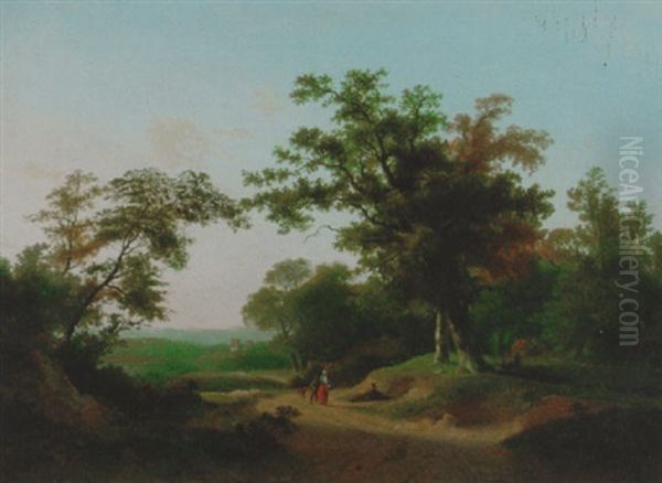 An Extensive Wooded Landscape With Travellers Resting On A Track Oil Painting by Marinus Adrianus Koekkoek the Younger