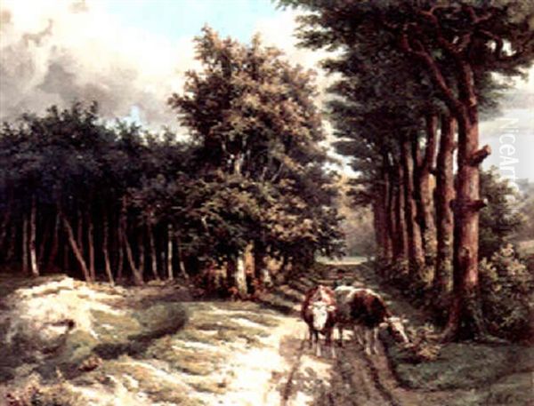 A Treelined Country Road With A Cowherd And His Cattle In The Foreground by Marinus Adrianus Koekkoek the Younger