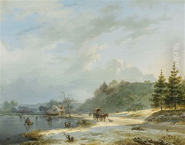 Winterlandschaft Mit Pferdekarren Und Personen Auf Dem Eis Oil Painting by Barend Cornelis Koekkoek