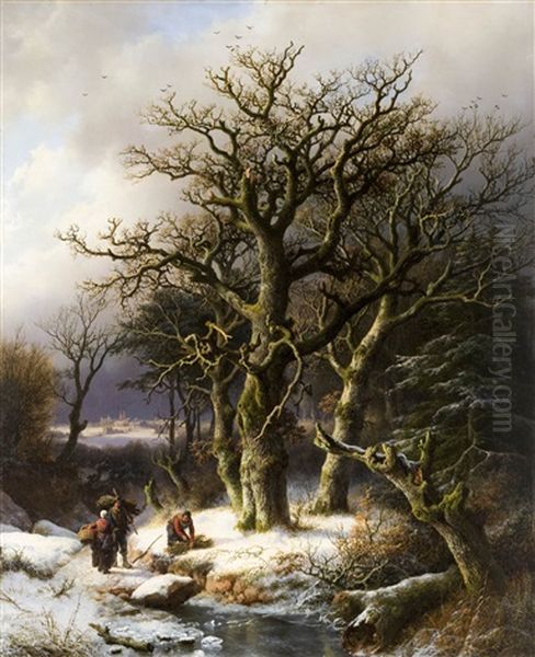 Winter Landscape With Wood Gatherers Oil Painting by Barend Cornelis Koekkoek