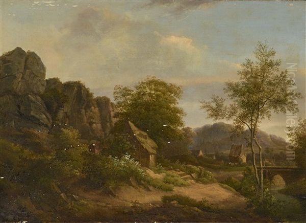 Felslandschaft Mit Bauernhausern Oil Painting by Barend Cornelis Koekkoek