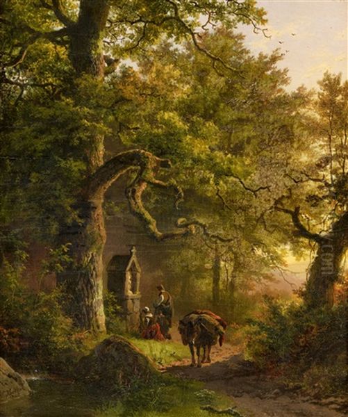 Wooded Landscape With A Wayside Shrine Oil Painting by Barend Cornelis Koekkoek