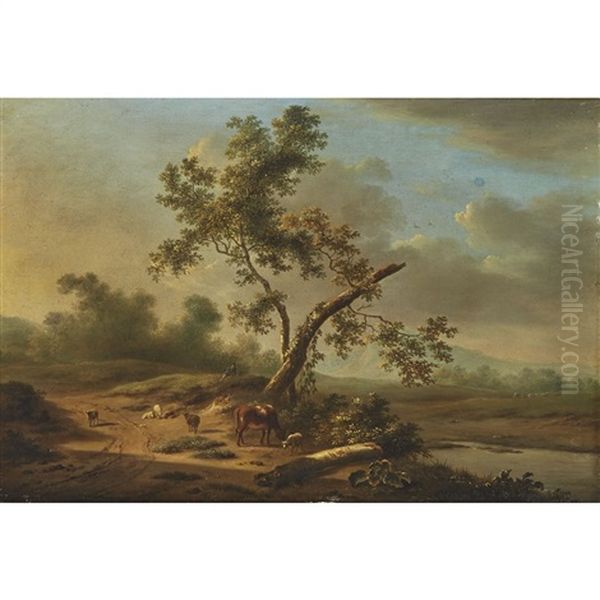 Shepherd Resting With Cattle And Sheep Oil Painting by Barend Cornelis Koekkoek