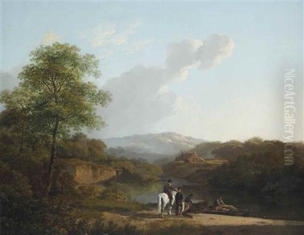 Paysage: A Horseman And Merchants Conversing Near A River Oil Painting by Barend Cornelis Koekkoek