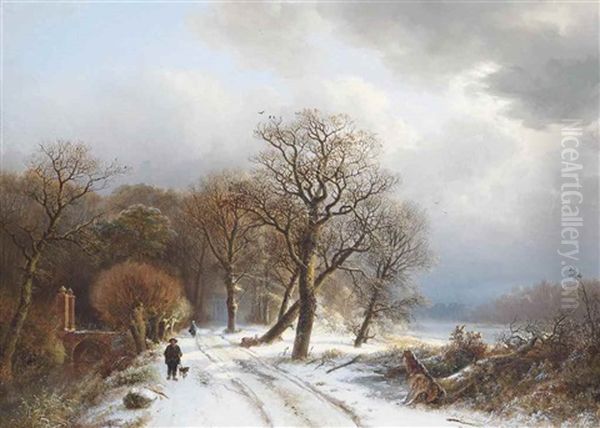 A Morning Stroll On A Path In The Forest In Winter Oil Painting by Barend Cornelis Koekkoek