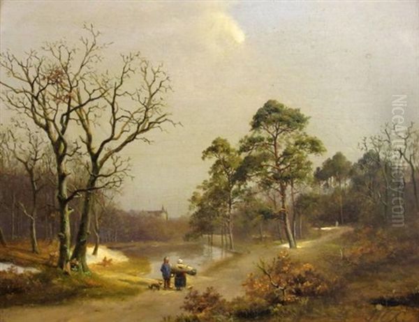 Couple On A Road Beside A Pond Oil Painting by Barend Cornelis Koekkoek