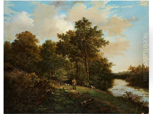 Zwei Jager Mit Jagdhunden Am Waldrand Vor Einem Teich Oil Painting by Barend Cornelis Koekkoek