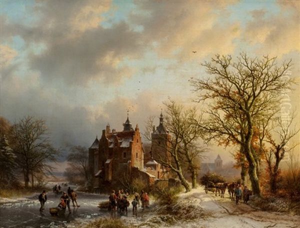 Winter Landscape With Wood Gatherers And Skaters, 1854 Oil Painting by Barend Cornelis Koekkoek