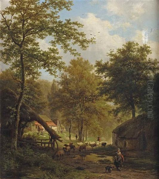 Boomrijk Landschap Met Boerewoningen: A Wooded Landscape With Shepherds Oil Painting by Barend Cornelis Koekkoek