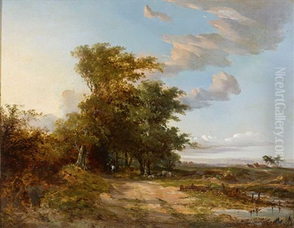 Niederrheinische Landschaft Mit Reiterfigur Oil Painting by Barend Cornelis Koekkoek