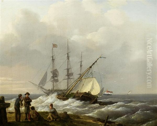 Fishermen On The Shore With Ships Setting Sail Beyond Oil Painting by Barend Cornelis Koekkoek