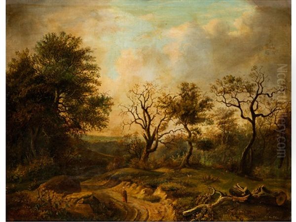 Hugelige Landschaft Mit Jungen Eichen Und Einer Bauerin Auf Einem Hohlweg Oil Painting by Barend Cornelis Koekkoek