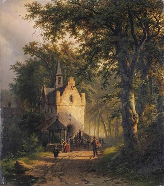 Boomrijk Landschap Waarin Eene Kapel Bij Ondergaande Zon: A Wooded Landscape With A Chapel At Sunset Oil Painting by Barend Cornelis Koekkoek