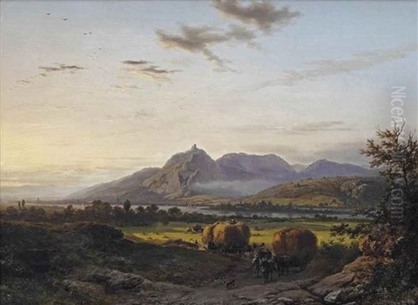 Bergachtig Landschap In Het Karakter Van Den Rhein; Harvest Month In The Rhine-valley Near Nonnenwerth With A View Of The Siebengebirge, Germany Oil Painting by Barend Cornelis Koekkoek