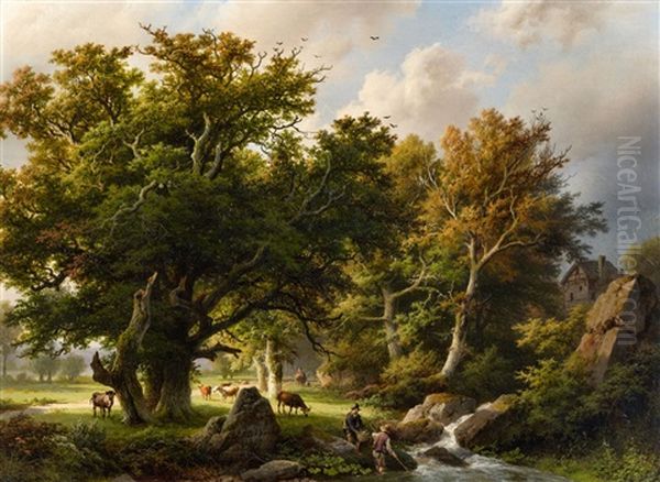 Landscape With Trees And Cows By A Stream Oil Painting by Barend Cornelis Koekkoek