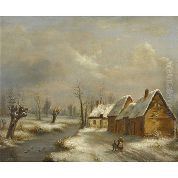 Winterlandschaft Mit Bauerin Und Kind Oil Painting by Barend Cornelis Koekkoek