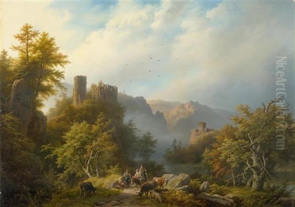 Mountainous River Landscape At Dawn, With Castle Ruins And Travellers by Barend Cornelis Koekkoek