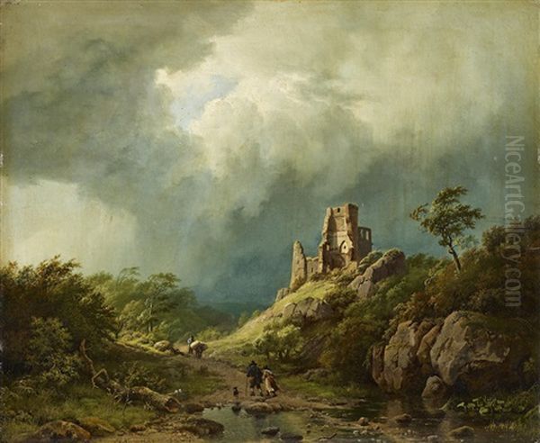 Travellers Passing A Ruined Castle In A Stormy Landscape Oil Painting by Barend Cornelis Koekkoek