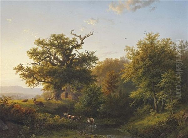 A Wooded Landscape With Grazing Cattle Near A Stream Oil Painting by Barend Cornelis Koekkoek