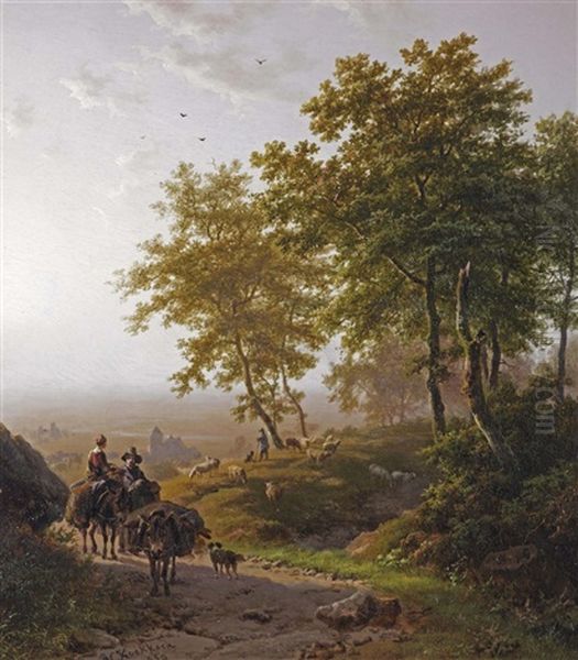 Boomrijk Landschap Bij Morgenstond: A Summer Landscape With Travellers And A Shepherd With His Flock Oil Painting by Barend Cornelis Koekkoek