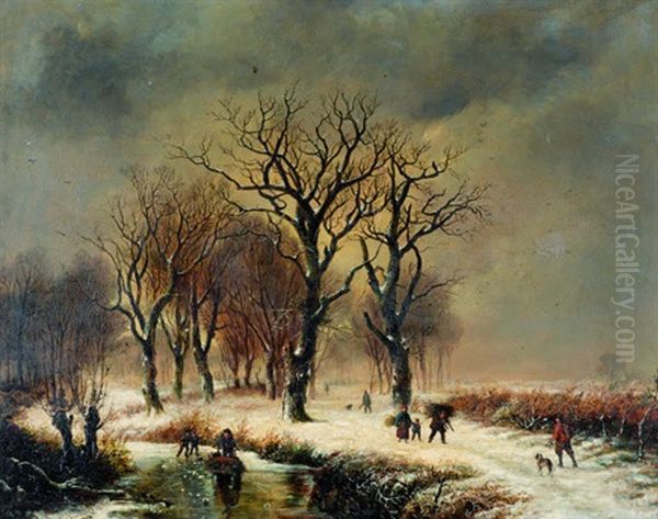 Figures In A Wooded Snow Scene Oil Painting by Barend Cornelis Koekkoek