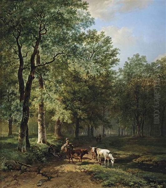 A Wooded Landscape With Travellers Resting On A Sunlit Path Oil Painting by Barend Cornelis Koekkoek