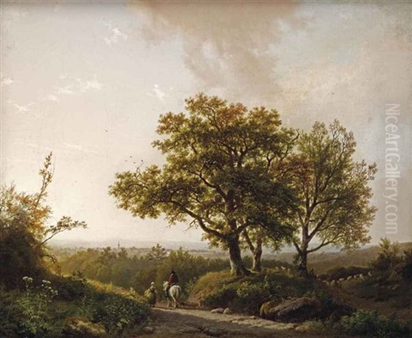 An Extensive Landscape With Travellers On A Sunlit Path, A View Of Nijmegen Beyond Oil Painting by Barend Cornelis Koekkoek