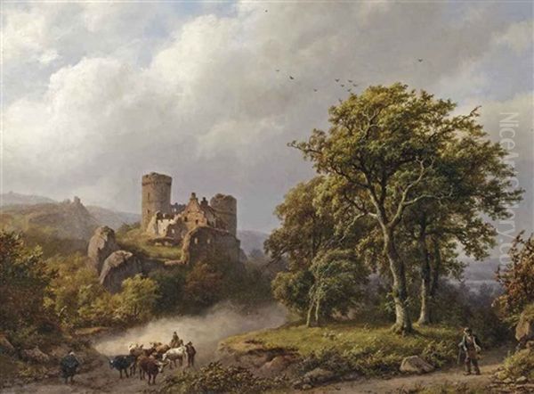 Figures And Cattle On A Path In A Wooded Landscape With A Castle Ruin Beyond Oil Painting by Barend Cornelis Koekkoek